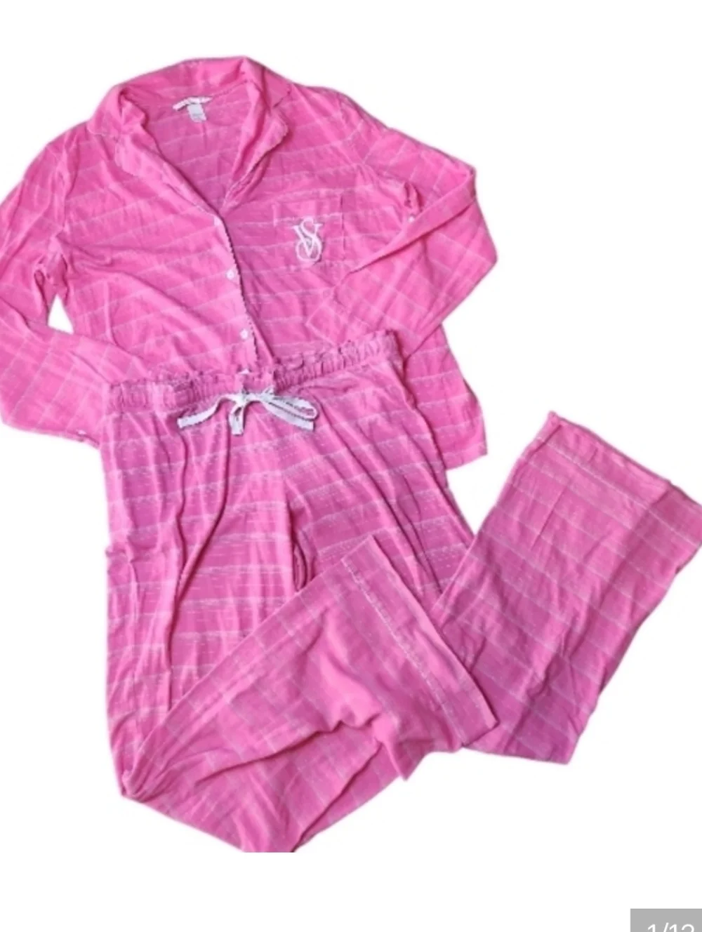 VICTORIA'S SECRET | Pink Silver Metallic Stripe Long Sleeve Wide Leg Pajamas | L